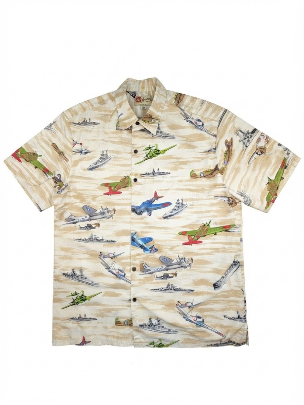 Vintage Hilo Hattie WWII Aircraft Ship Pattern Hawaiian Shirt 2XL Americana